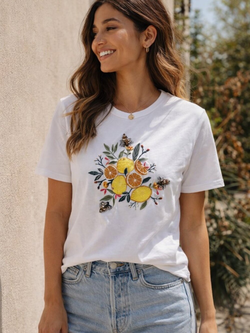 Signature On 12th White Tee With Embroidery and Beaded Bee's